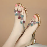 New Summer Leather Women's Sandals, Diamond, Low-Heeled Crystal Slippers, Toe Slippers, Thick Heels, Flower