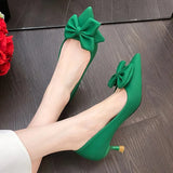 Bowknot Green Pumps for Women 2023 Fashion Pointed Toe High Heel Shoes Woman Shallow Pu Leather Office Ladies