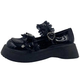 Sweet Lace Bowknot Lolita Shoes Women Heart Buckle Patent Leather Mary Janes Woman 2024 Round Toe Platform Flats