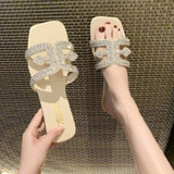 Slippers, Flats, Women's Beach Shoes, Women's Summer 2024 Sandals, Pearl Rhinestone Flats, Women's Summer 2024