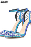 Brand Sexy Thin High Heels Party Summer Sandals Shoes Woman Pointed Toe Rivets PVC women's ankle-strap Lady