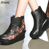 Embroider Handmade Boots For Women Genuine Leather Ankle Shoes Vintage Platform Women Shoes Round Toes Wedges