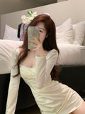 Color Long Sleeve Dress Lace Design 2023 Autumn Casual French Elegant Mini Dress Slim Korean Style Short Party Dress