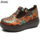 2023 New Genuine Leather Pumps Women Shoes Print Spring Autumn Retro Buckle Strap High Heels Ladies