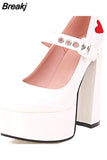Pumps Round Toe Chunky Block Heel Ankle Strap With Heart 2023 Spring Brand New High Heels Mary Janes Women