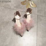 Hairy High Heels Womens Shallow Mouth Word Buckle Fairy Style Pointed Toe Stiletto Party Dress Shoes Pink Fur Pumps