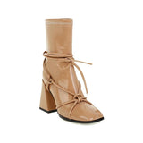 Women Ankle Boots with Chunky Heels Size 34~46 Korean Style Patlent Leather Pumbs Square Toe Elegant Booties Spring Autumn