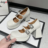Crystal Buckle Women High Heels Mary Jane Shoes Chunky Sandals Spring New Women black Sexy Elegant Party dress