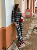 Plaid Print 2 Piece Sets Women Elegant Long Sleeve Ruffled Casual Shirts And Trousers Set High Street Ladies