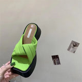 Soled Slippers for Women Summer Chain Denim Chunky Heel Fashion Cross Slides Open Toe Outdoor Beach Woman Walking