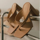 Size Summer New Fashion Apricot Sandals Women Mules High Heels Slippers Sandals Sexy Square Open-toed Heel High