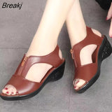 Soft Leather Peep Toe Roman Shoes 2023 New Hollow Women's Sandals Chunky Heel Platform All-Match High Heels Sandals