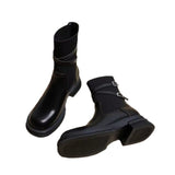 Round Head Belt Buckle Boots 2024 New Soft Leather Thick Heels Martin Boots Women's Knitted Elastic Thin