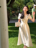 Elegant Short Sleeve Dress Woman Casual Slim One Piece Dress Korean Fashion 2023 Summer Party Casual Vintage Midi