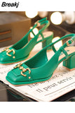Womens Summer Footwear Transparent Shoes for Woman 2023 Chunky Heels Studded Green with Medium Block Heel Sandals Square Toe