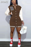 Women Long Sleeve Single Breasted Sweatshirt Style Baseball Casual Mini Dress Autumn 2023 Street Active Dresses