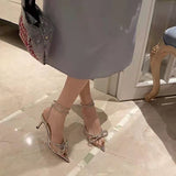 New Fashion Glitter Rhinestones Women Pumps Crystal Bowknot Silk Pointed Toe Buckle Strap Thin High Heels Party Prom
