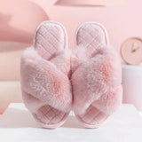 Women's Cross Band White Fur Slippers Winter Warm Plush Soft House Slippers for Women Indoor Open Toe Fluffy Home Shoes
