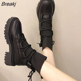 Women Ankle Boots Fashion Shoes Round Toe 5cm Heel Lace Up And Slip On Platform Black White Shoes For Woman