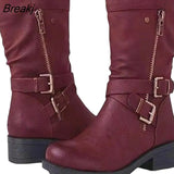 New Women's Middle Calf Boots Winter Warm Retro Leather Matte Shoes Women's Shoes Large Size