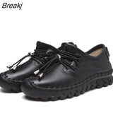 Oxford Sewing Flats Women's Loafers Shoes Woman Female Lace Up Genuine Leather Rubber Soles Casual