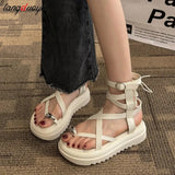 Women Summer New 2023 OpenToe platform Shoes Round Toe Square Heels Sandals Cross Strap Back Zipper Woman Shoes