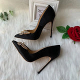 Glitter Bow Women Satin Pointy Toe High Heels Slip On Party Wedding Shoes Gorgeous Stiletto Pumps Size 33-45