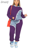 Fall Winter Casual Hoody Two Piece Sets Women Outfits Fashion Denim Splicing Long Sleeve Pullover And Pants
