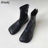 Spring Rock Shoes Flat Heel Zipper Boots Women Ladies Ankle Leather Rubber 2023 Soild Fabric Square Toe Zapatillas