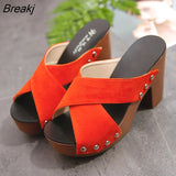Size 35-40 High Heels Slippers Women's Platform Shoes Summer Block Heel Leather Black Slides Ladies Office Slippers