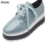 new Spring Casual Solid Flat Women Shoes Patent Leather Lace-Up Loafers Flat Platforms British Style Ladies