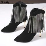 Light Luxury Fringed Rhinestone Ankle Boots Women's Stiletto High Heels Women's Side Zipper Pointed Toe Evening