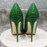 Green Crocodile Effect Women Sexy Pointy Toe High Heel Party Dress Shoes 8cm 10cm 12cm Slip On Stilettos Pumps Plus