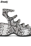 Women's Platform Sandals Wedges Heels High Heel Shoes Gray Snake Veins Leisure Footwear Chunky Heels Comfy Women