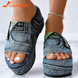 For Dropship 2023 New Summer Elegant Wedge Slide Sandals For Women Denim Single Band Flatform Sandals Beach