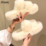 Winter Open Toe Slipper Fashion Fur Thick Sole Flats Heel Ladies Casual Slip On Bedroom Shoes Soft Outdoor Slides