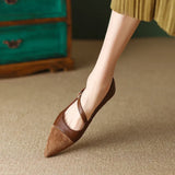 Brown Pointed Single Shoes Nuzhen Soft Leather 2024 New Flat-Heeled Shallow Ladle Shoes With French Flat