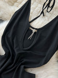 Sexy Women Black Bodycon Long Dress Summer New Lace-up Halter Neck Sleeveless Backless Cut-out Holes Club Party