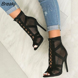 Fashion Sandals Ankle Boots for Women's High Heels Pumps Sexy Hollow Out Mesh Lace-Up Cross-tied Booties Female Party