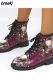Skeleton Rose Women Snow Ankle Boots Motorcycle Skull Low Heels Shoes Vintage Pu Warm Winter Increase The 43 botas de
