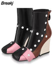 Women Chelsea Boots Luxury Designer Shoes Metal Decoration Rivet Women High Knee Boots Zipper-Sid Chunky Heels Western