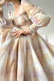 One Piece Dress Korean Fashion Beach 2023 Summer Casual French Elegant Midi Dress Woman Long Sleeve Vintage Floral