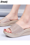 Women Shoes 2023 Slippers Wedge Female Sandals Ladies Bling PU Leather Outside Casual Shoes Summer Footwear Woman Slides