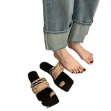 Breakj Version Of Fine Belt Combination One Word Soft Leather Square Head Slippers Female Open Toe Flat Bottom Beach