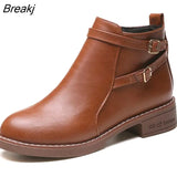 Fashion European Style Black Ankle Boots Flats Round Toe Back Zip Boots PU Leather Woman Shoes With
