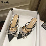 Temperament Commuter Pointed Shallow Mouth Rhinestone Bow Baotou Back Empty Sandals Slippers Stiletto High Heels