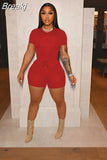 Solid Color Short Sleeve Crop Top and Pockets Biker Shorts 2 Pcs Set Sexy Slim Summer Fashion Outfit Casual