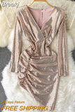 Women Sexy Party Dress V-neck Long Sleeve Irregular Mini Dress Vestidos Slim High Waist Ruched Dot Sequins Glitter Club