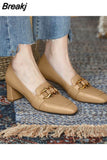 for Women 2023 Loafers Square Heels Ladies Summer Footwear Normal Leather Casual Pumps Toe Black on Heeled High Sale