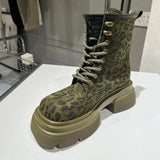 Boots for Women Sexy Leopard Lace-up Round Toe Square Heel Platform Boots Retro Trend Shoes Botas Altas Plataforma
